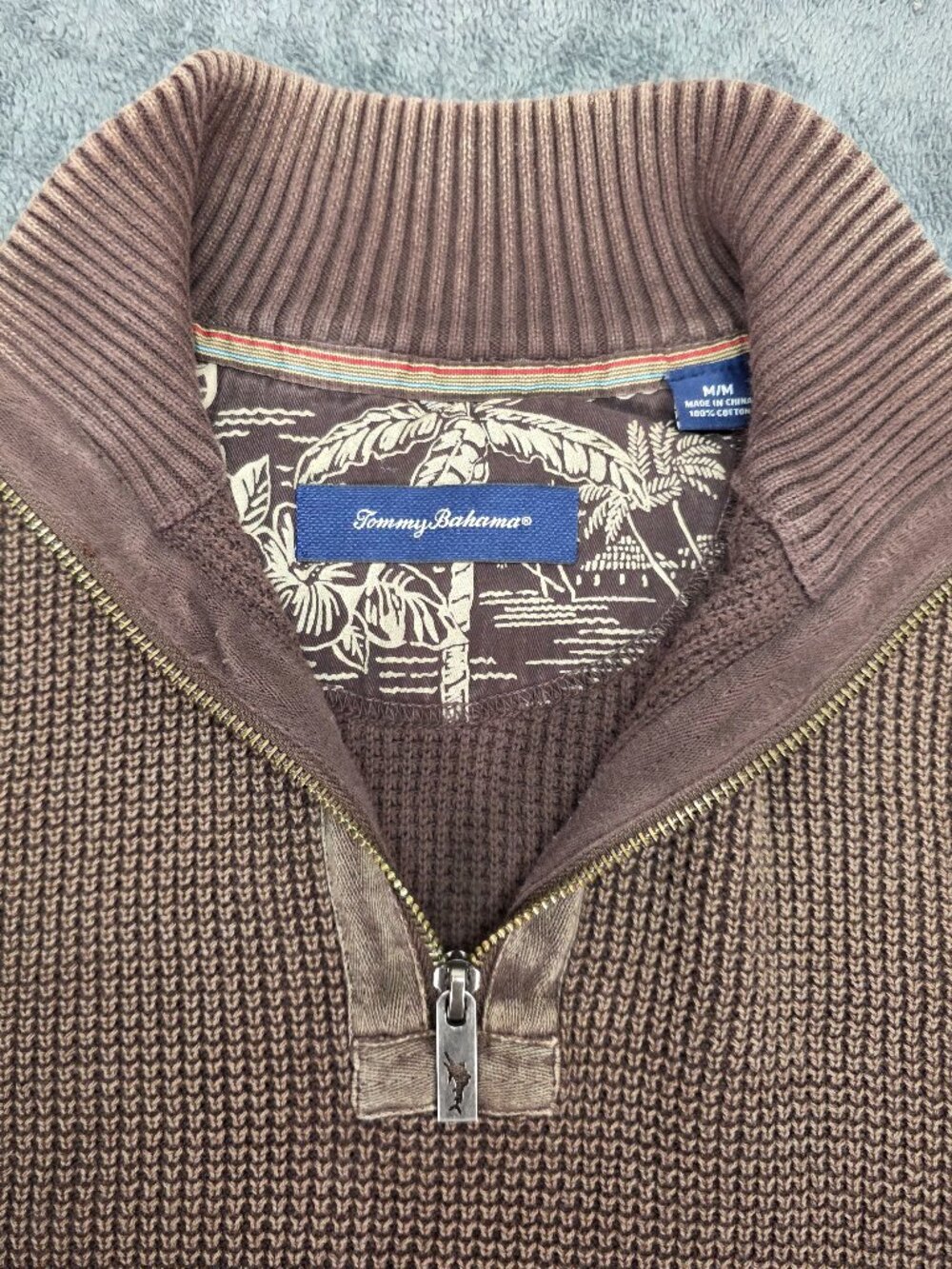 Tommy Bahama Waffle Knit 1/4 Zip Sweater Mens M Brown Cotton Pullover
